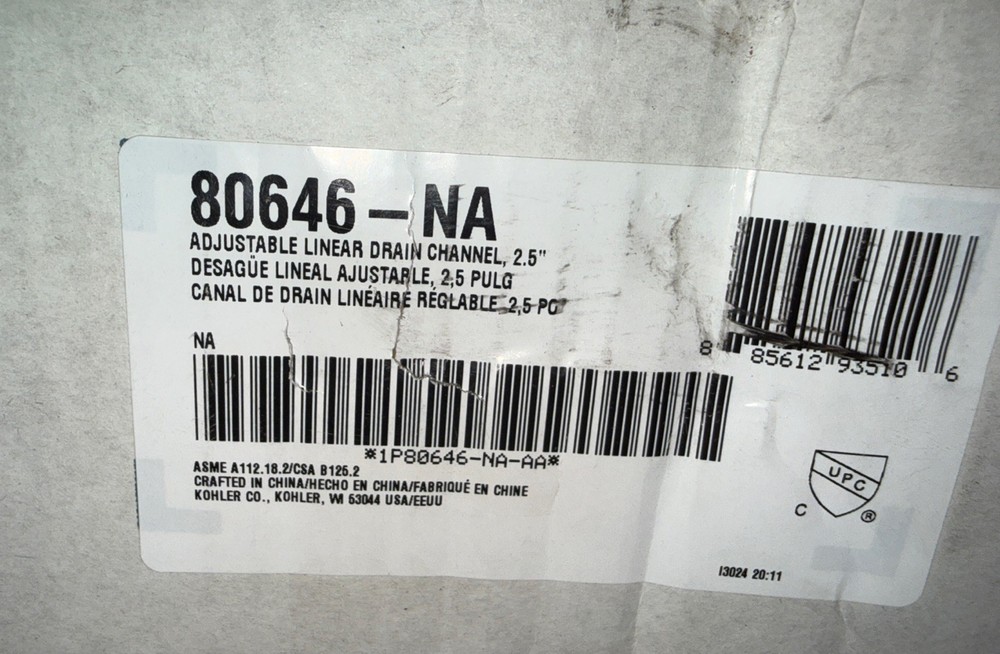 Kohler 80646 Adjustable Linear Drain Channel 2.5”x36”-60”