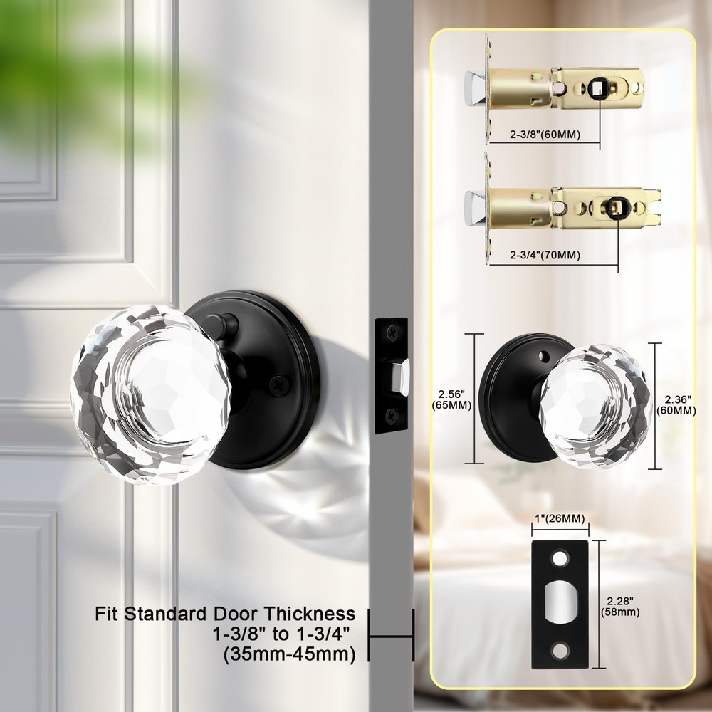 2 Pack Crystal Door Knobs Interior, Elegant Matte Black Glass Door Knobs, Key...