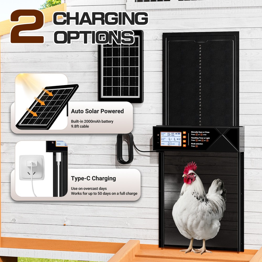 Solar Automatic Extra Large Chicken Coop Door Timer Anti Pinch Light Sensor Mode
