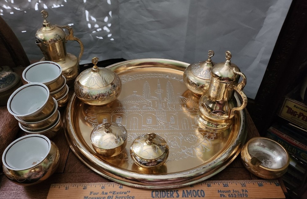 Brass Coffee Tea Pot set Arabic Islamic Middle Eastern Porcelain Insert MCM