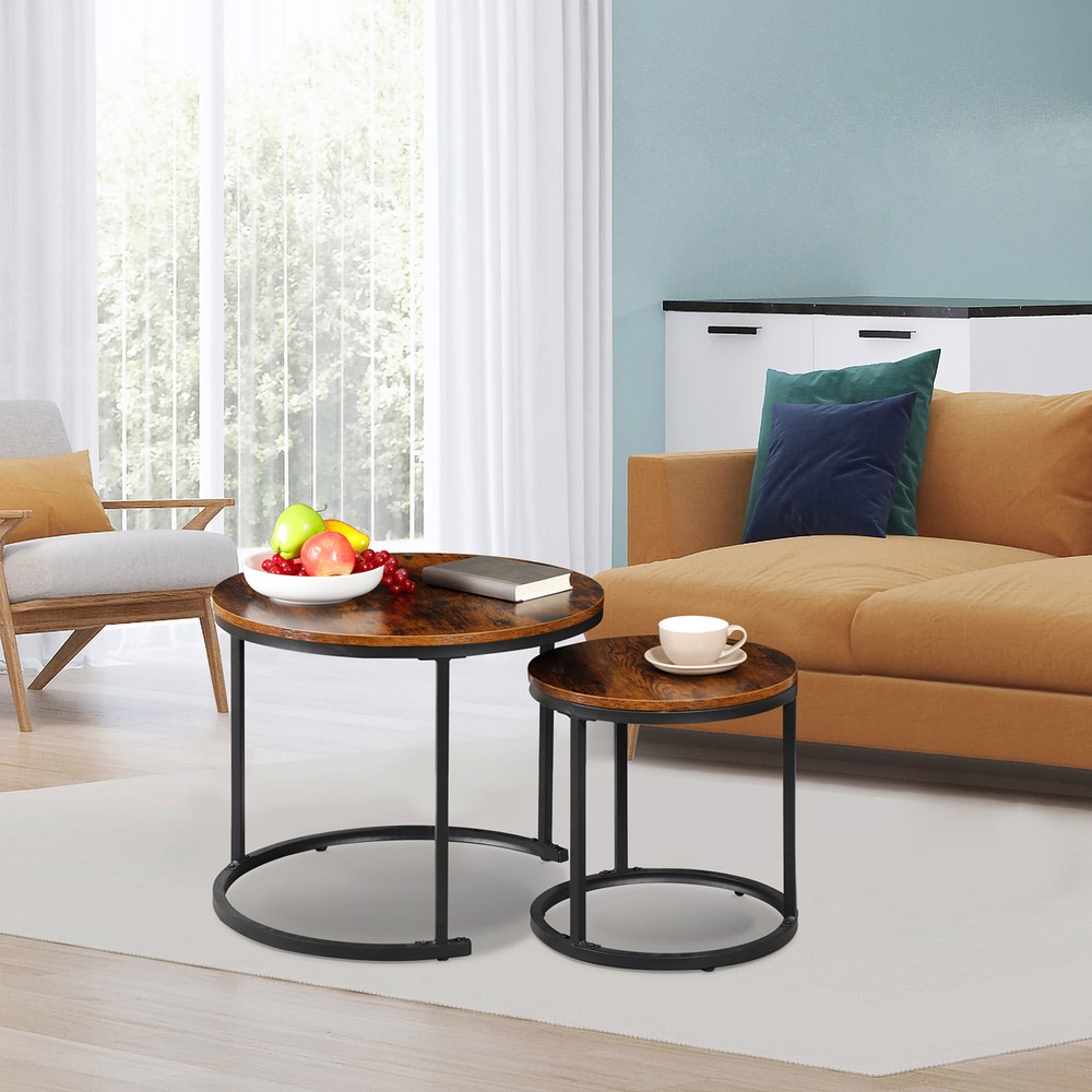 Set of 2 Nesting Coffee Table Round End Side Table for Small Spaces Rustic Brown
