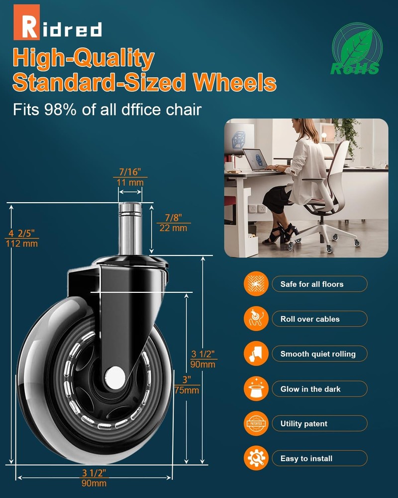RidRed Office Chair Wheels - Replacement Rubber - Transparent