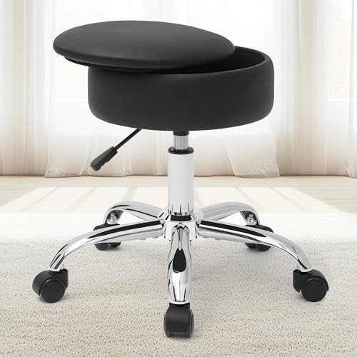 Adjustable Vanity Stool with Storage Rolling Vanity Chair Black With Wheels