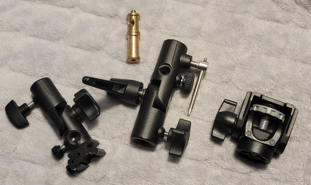 Used Camera Umbrella Adapter Bracket Bundle Swivel Reversible  Threaded Studs