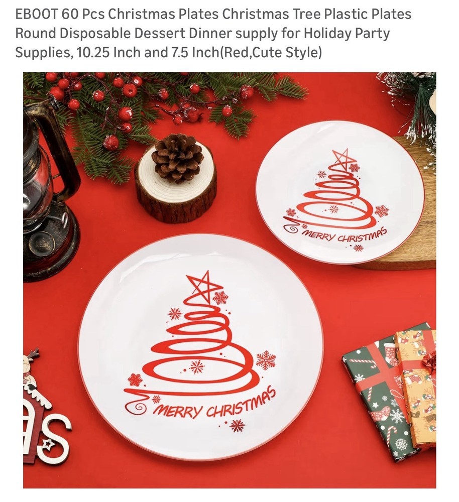 EBOOT 60pc Christmas Tree Plastic Plates 10.25” 7.5”