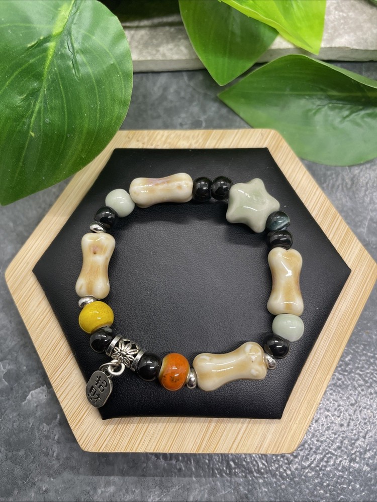 Handmade Ceramic Bead Beaded Stackable 6” Plus Stretch Bracelet New B315
