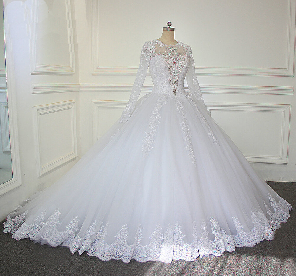 Luxury Cathedral/Royal Train Wedding Dresses Beading Long Sleeves Ball Gown