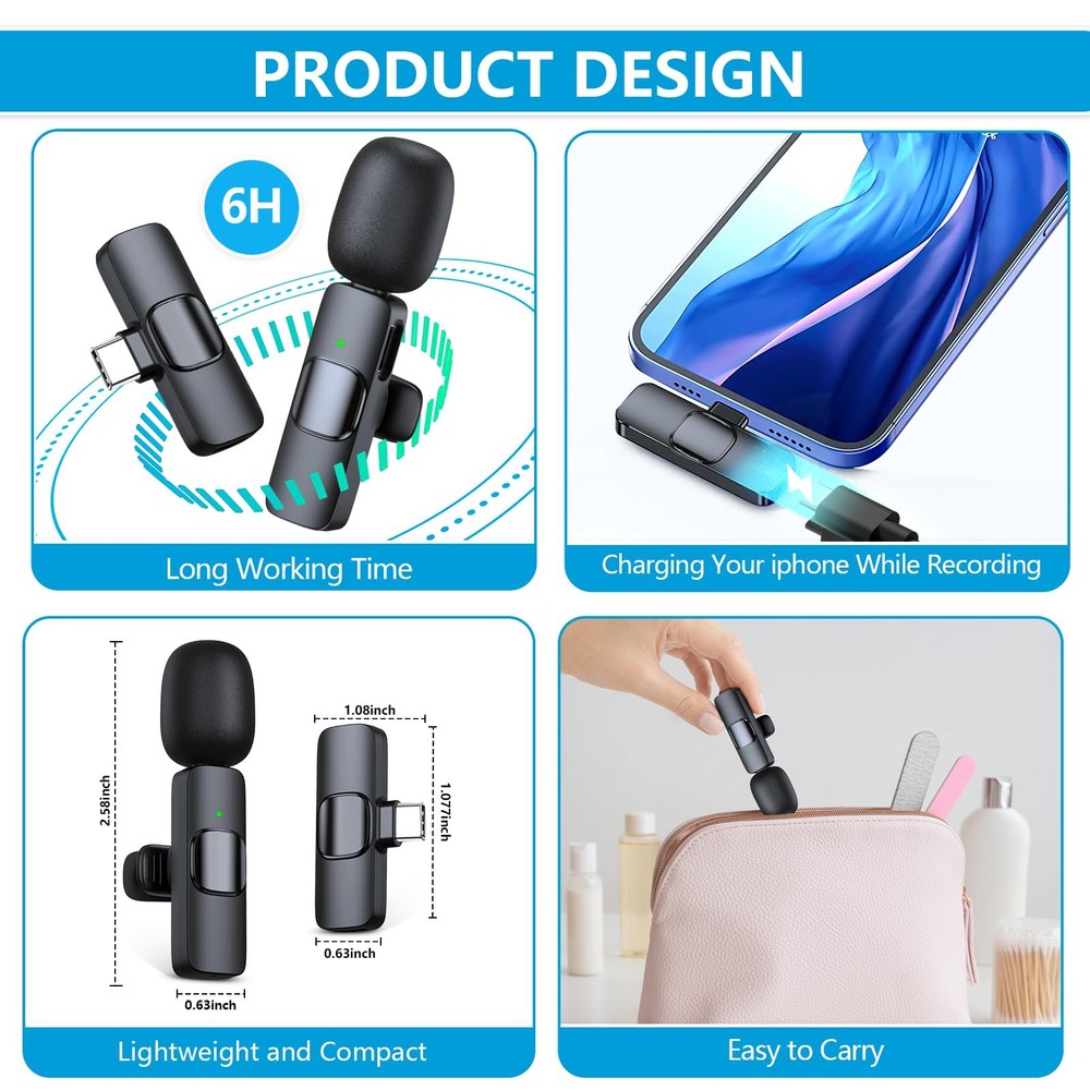 2 Pack Wireless Microphone USB C for iPhone 15-16 Android Phone Professional