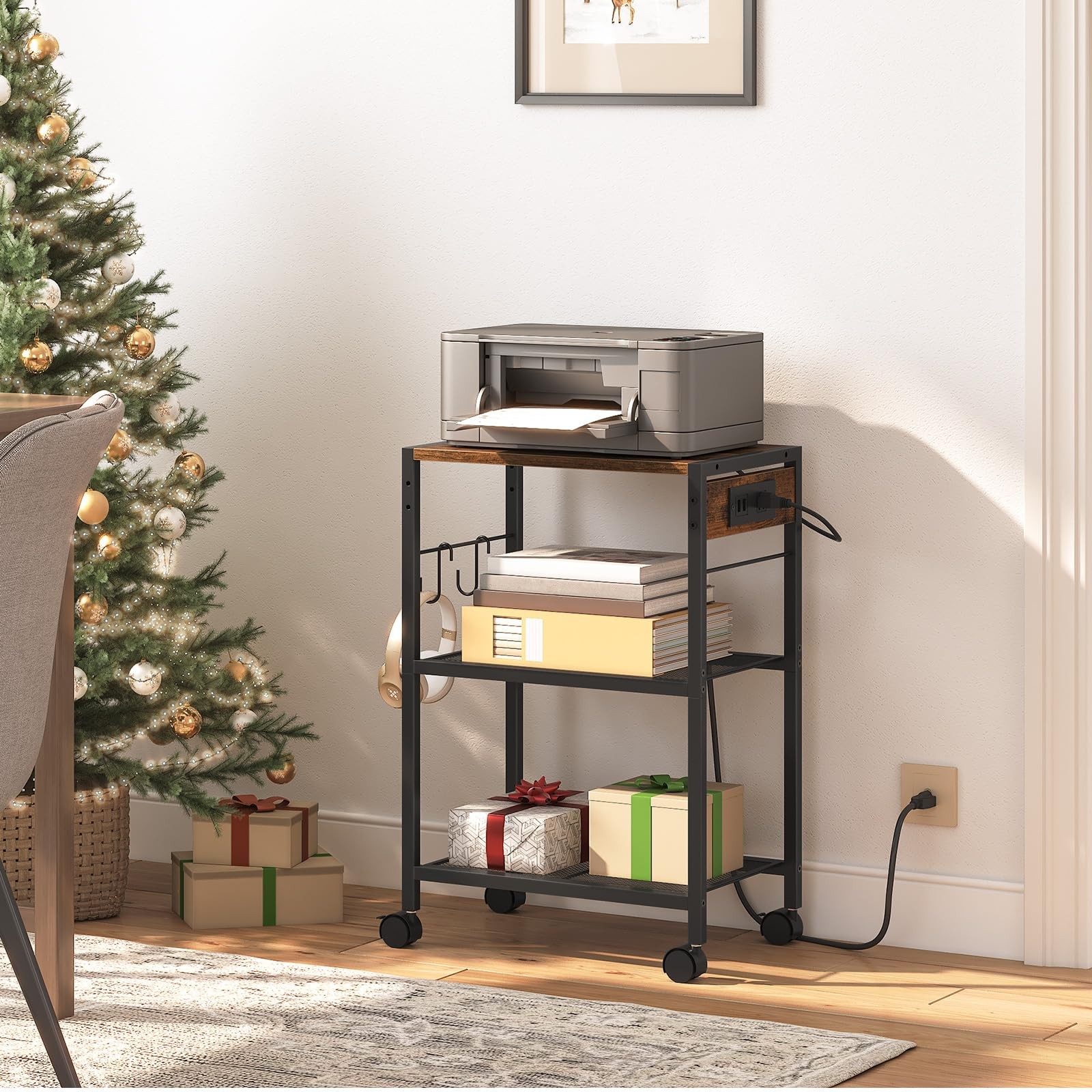 Industrial Printer Stand, 3-Tier Mobile Printer Table, Rolling Cart with Powe...