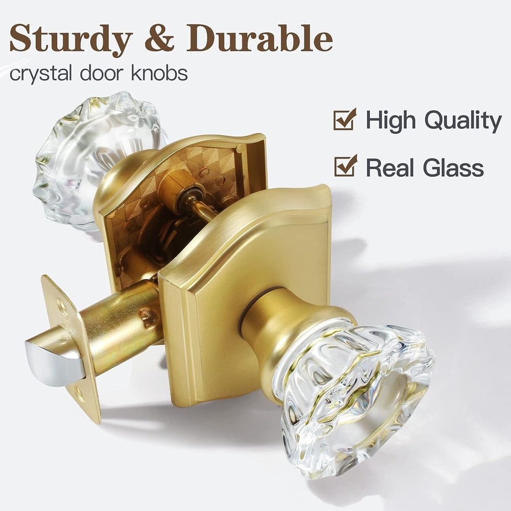 Premium Glass Door Knobs, Bathroom Bedroom Door Knobs with Lock, Privacy Gold Do