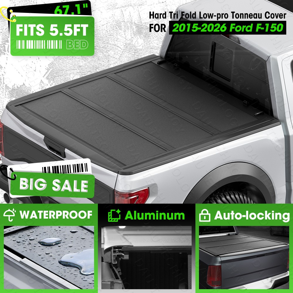 5.5ft (67.1") Bed Hard Tri Fold Low-profile Tonneau Cover For 2015-25 Ford F-150