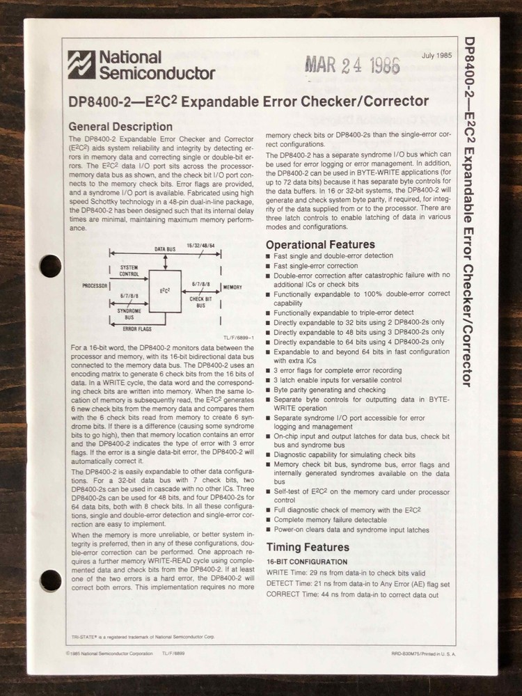 National Semiconductor - DP8400-2 Expandable Error Checker/Corrector 1985