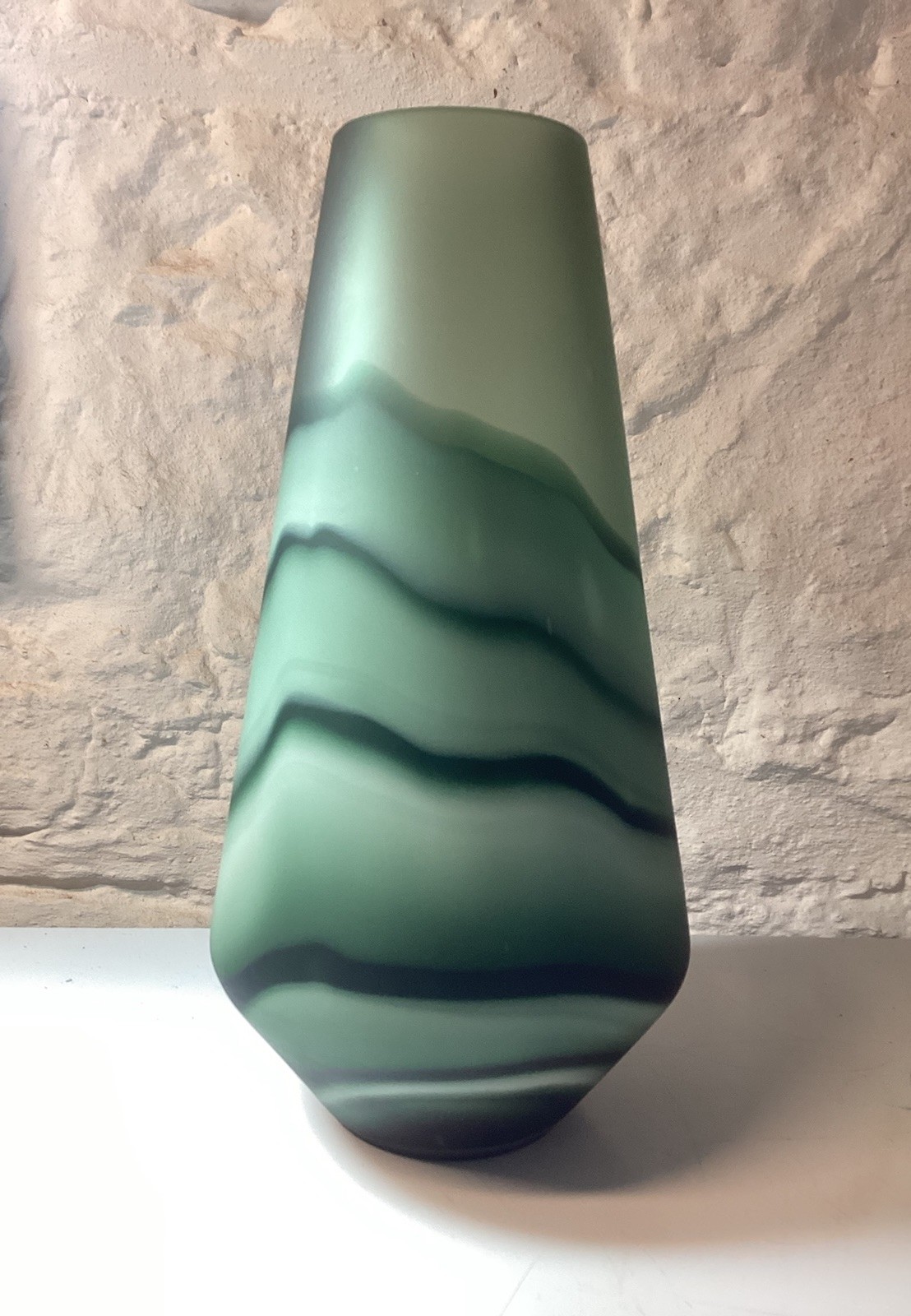 Beautiful Large Art Glass Vase Jade Green Wave Sandblasted Tall Sturdy 13.5 in