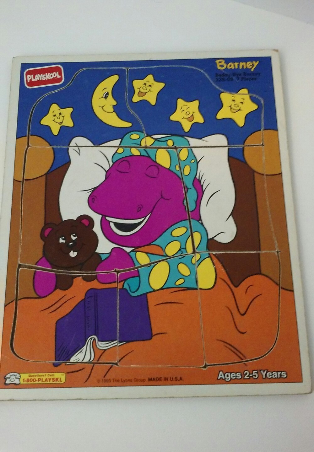 Playskool Barney Wooden Puzzle 1993 Beddy Bye Barney 7 pieces