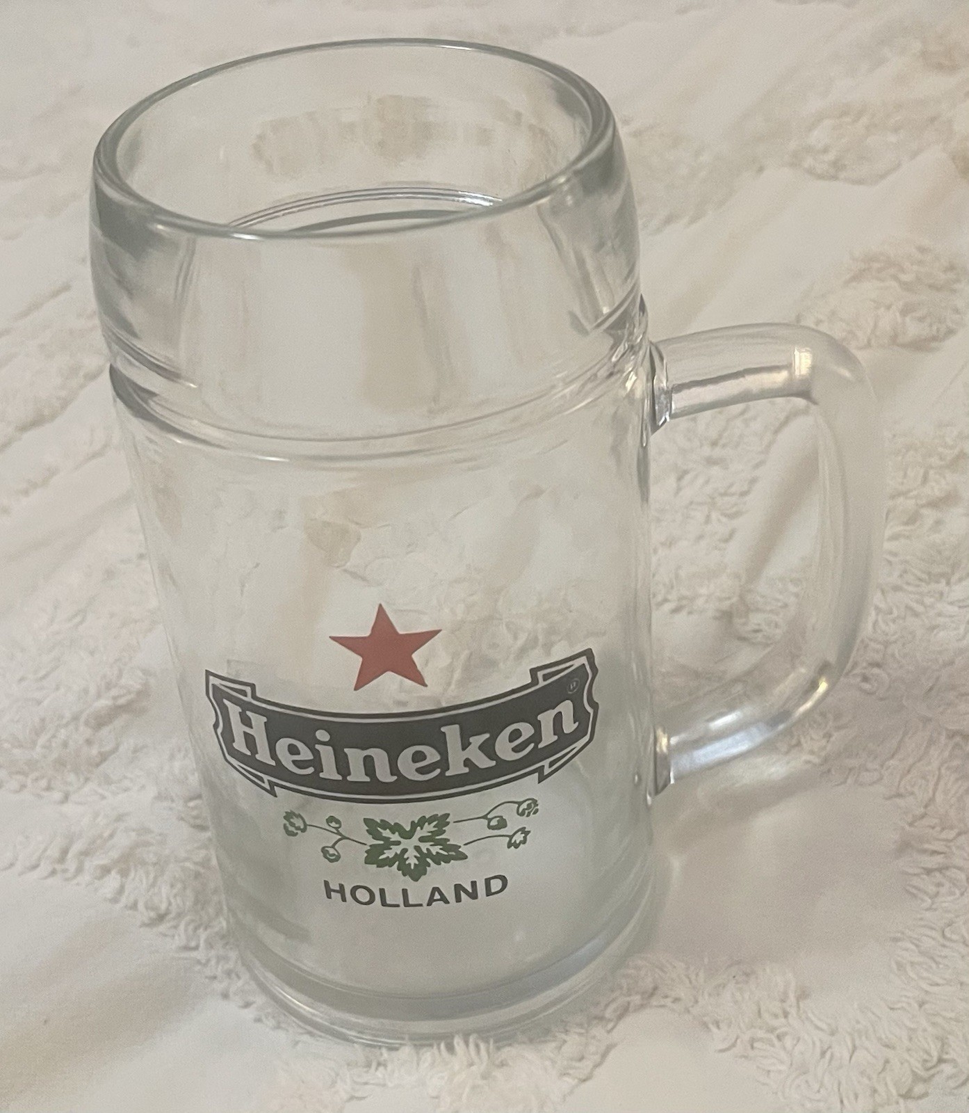Vintage Heineken Holland Heavy Duty Glass Beer Stein Mug 8”Tall 1-Liter