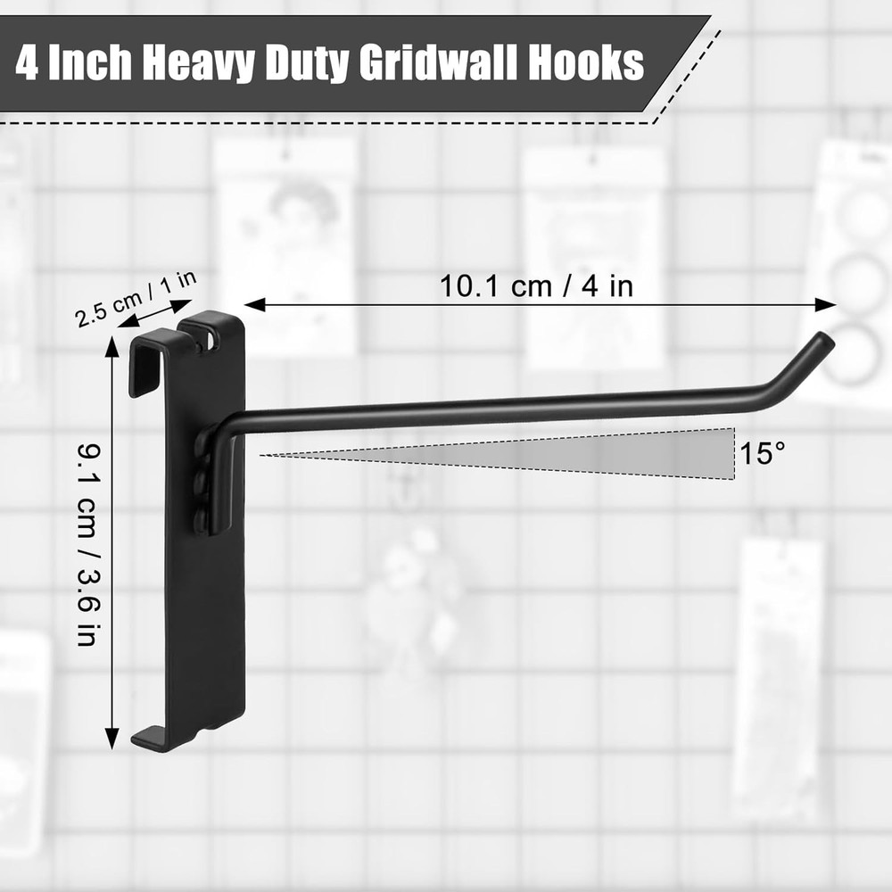 Gridwall Hooks - 4 Inch Heavy Duty Black Display Hooks for Grid Wall Panel Ha...