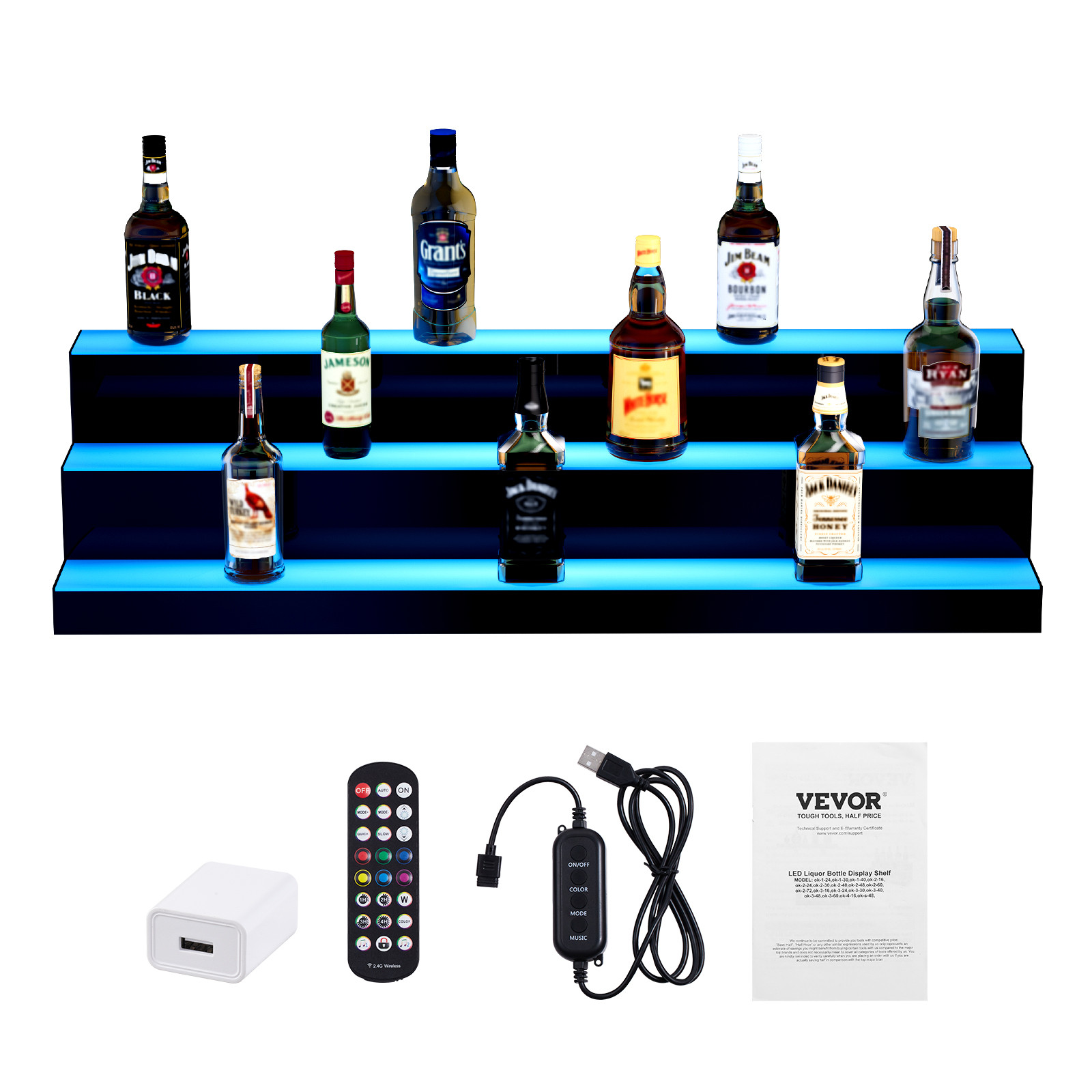 VEVOR LED Lighted Liquor Bottle Display Bar Shelf RF & App Control 40" 3-Step