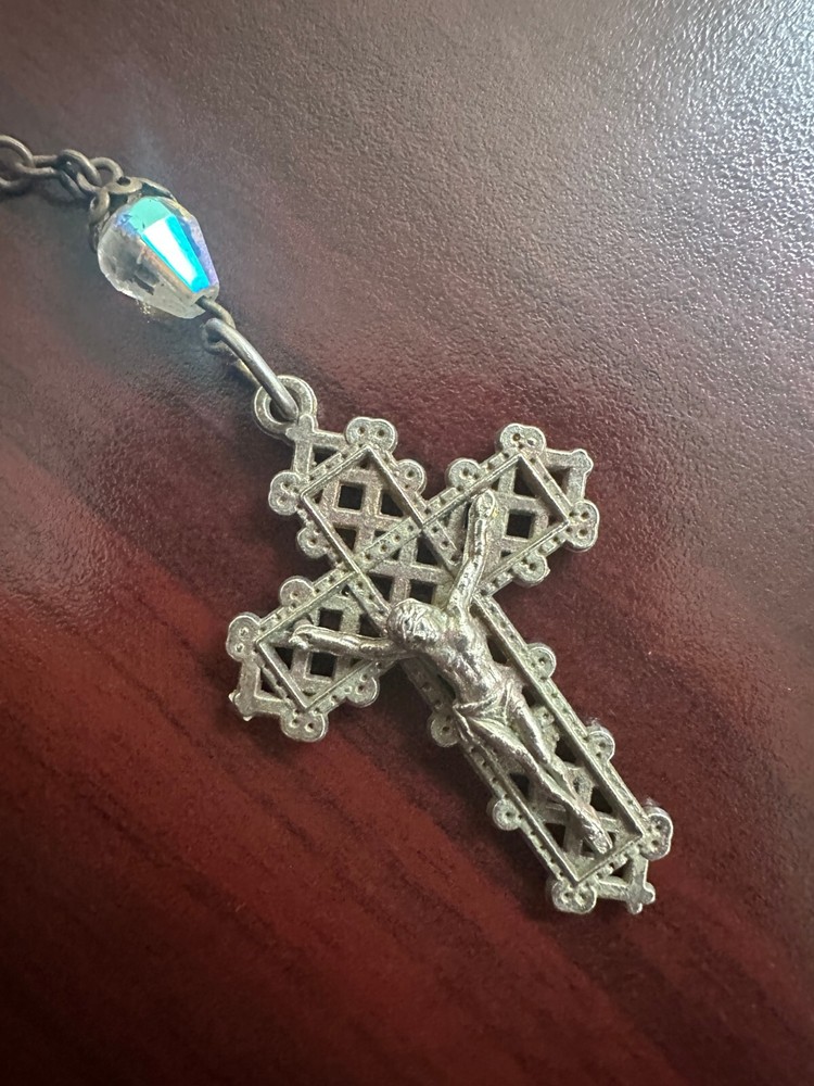 Vintage Clear Iridescent Glass Crystal Bead 22.5" Rosary #730