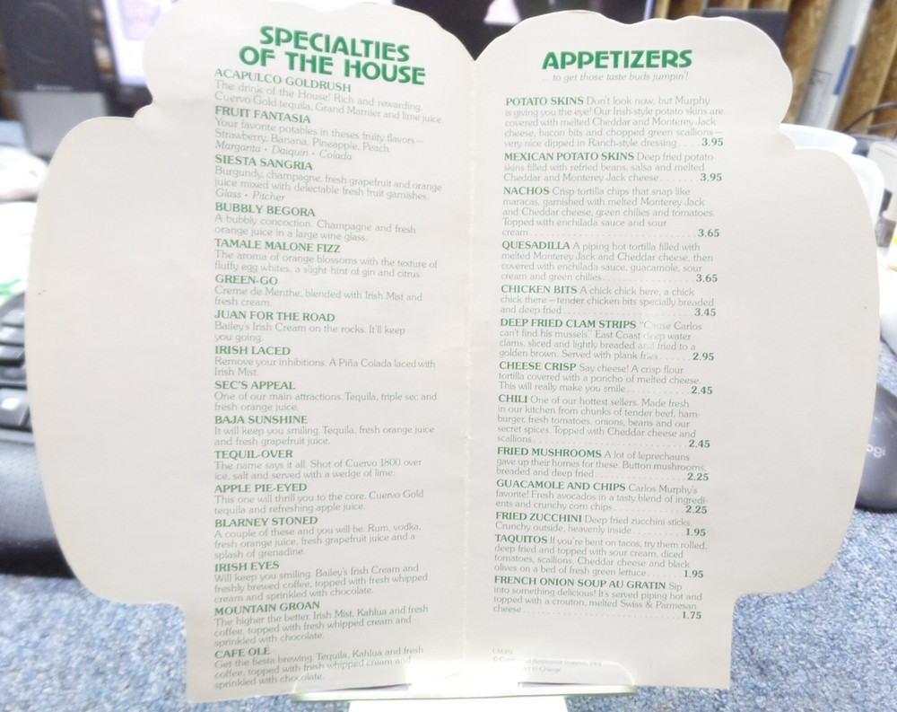 1981 Carlos Murphy's Die-cut Menu