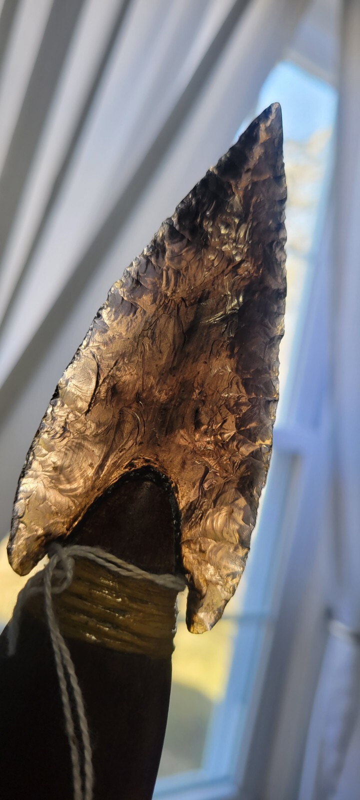 Native Amer.Smokey Obsidian Stone Knife Wood Handle Oregon Dbl. Edge Translucent