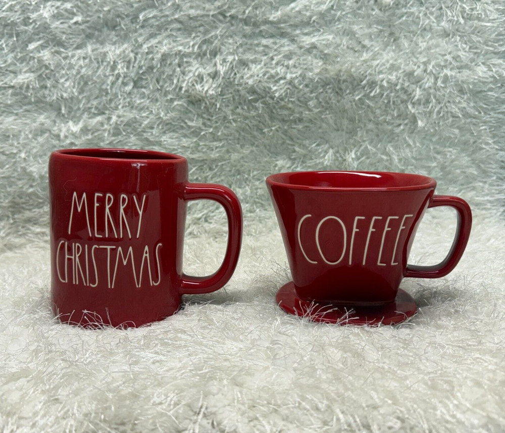 Rae Dunn "COFFEE" Drip & "MERRY CHRISTMAS" Mug Set