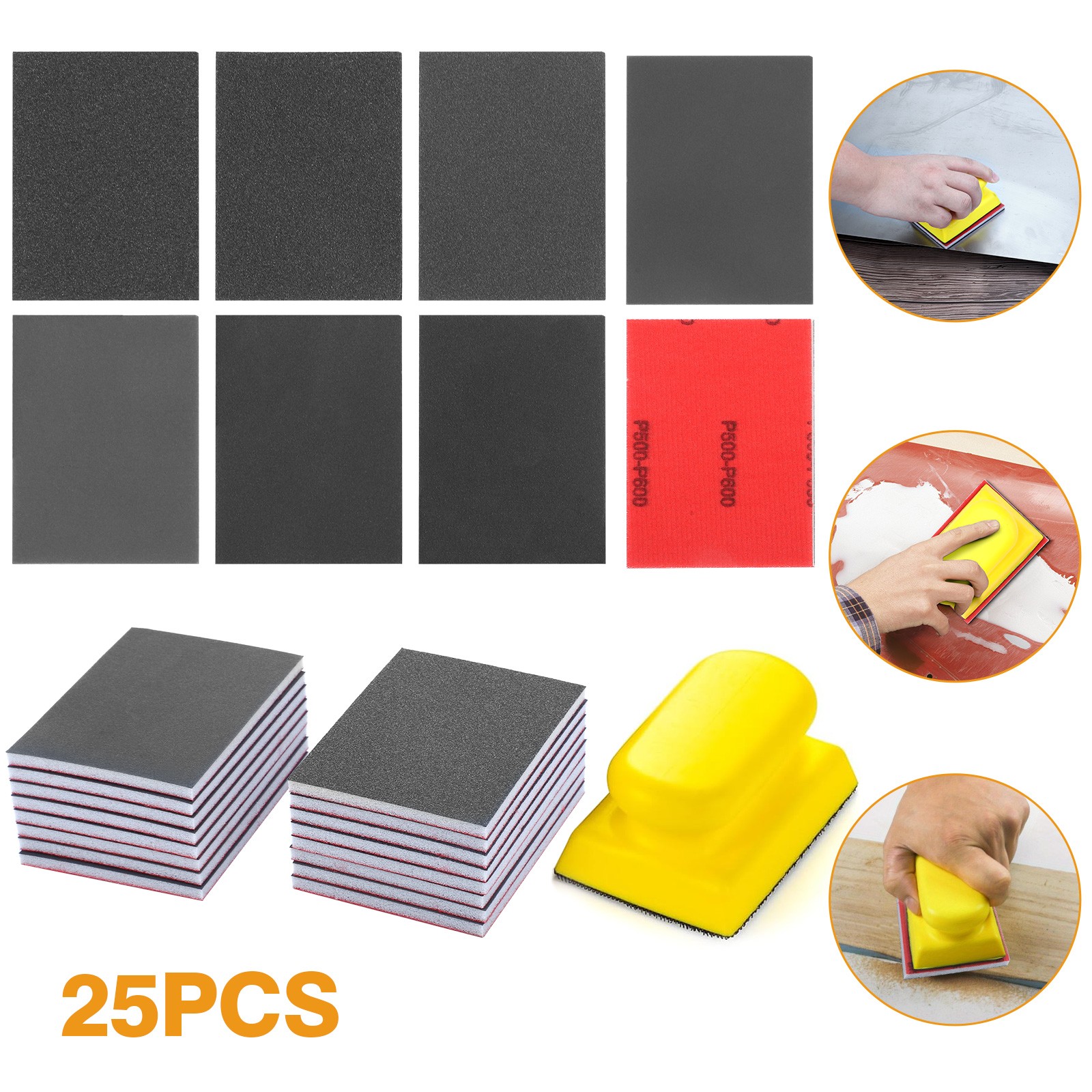 24pcs 180-3000 Grit Sanding Sponge Foam Pads Wet Dry Sandpaper + Sander Block