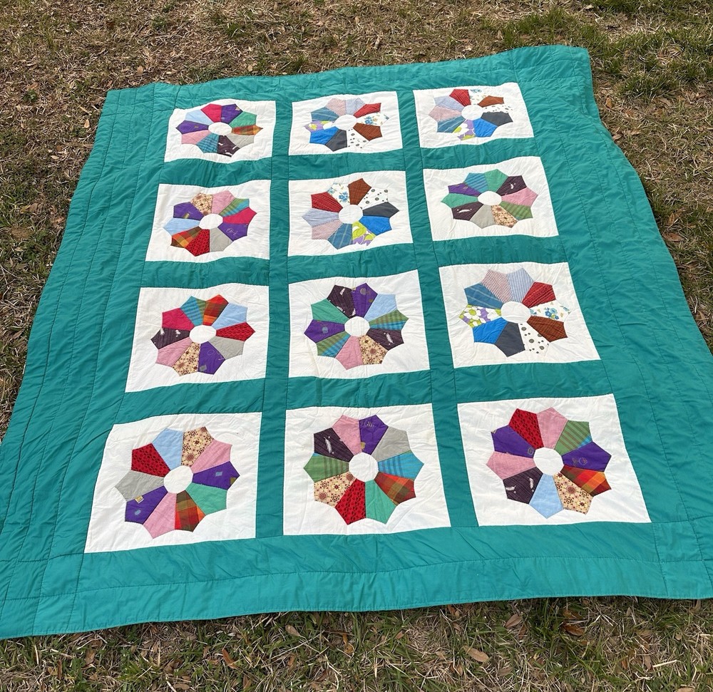 Vintage Handmade Quilt 80x88 Teal Blue Patchwork