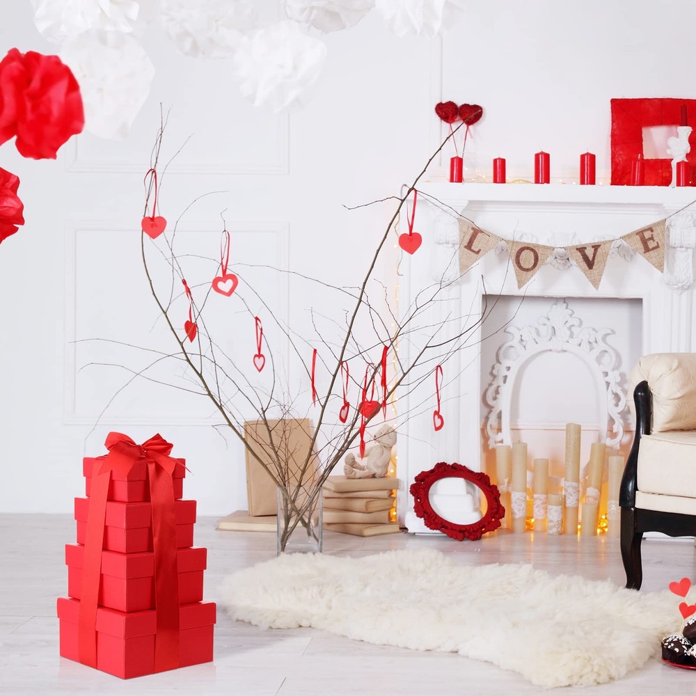 4PCS Valentine Nesting Gift Boxes Square Decorative Ribbon Red