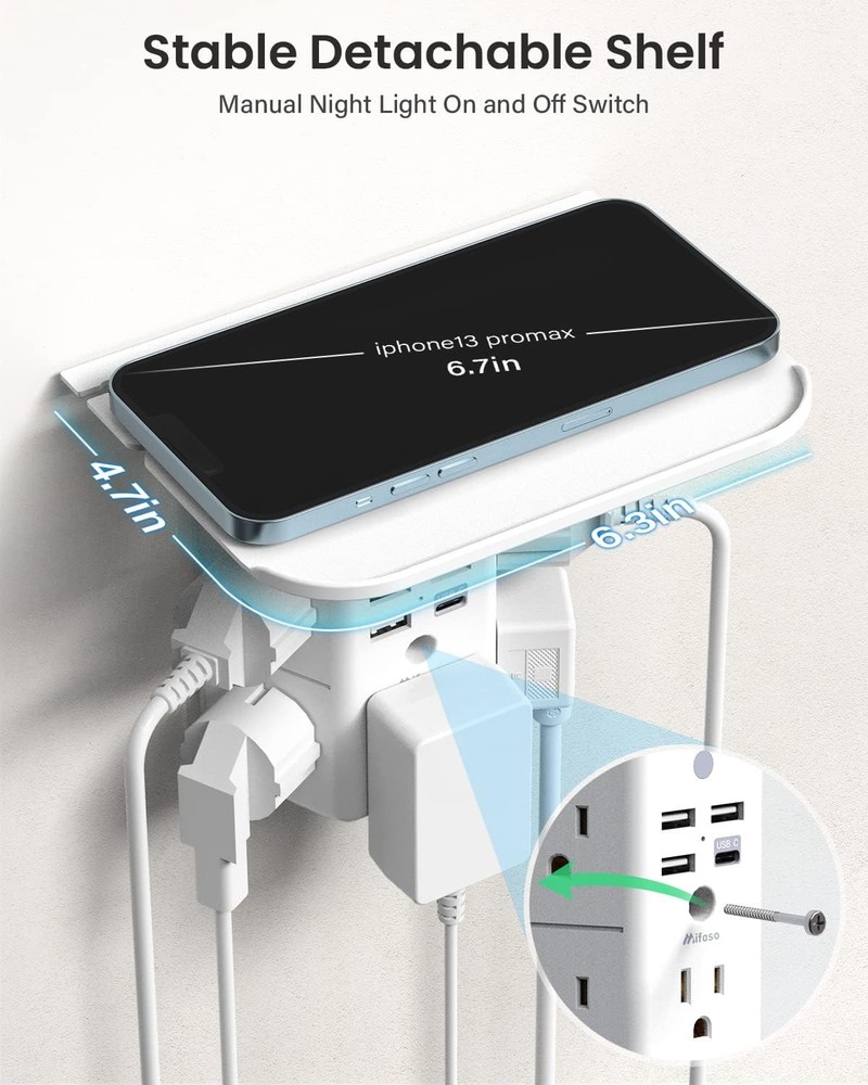 Wall Outlet Extender with Shelf and Night Light Surge Protector Wall Mount
