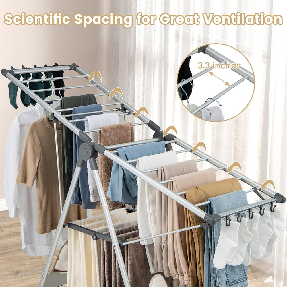 Space-Saving Collapsible 2-Layer Aluminum Drying Rack with Adjustable Wings