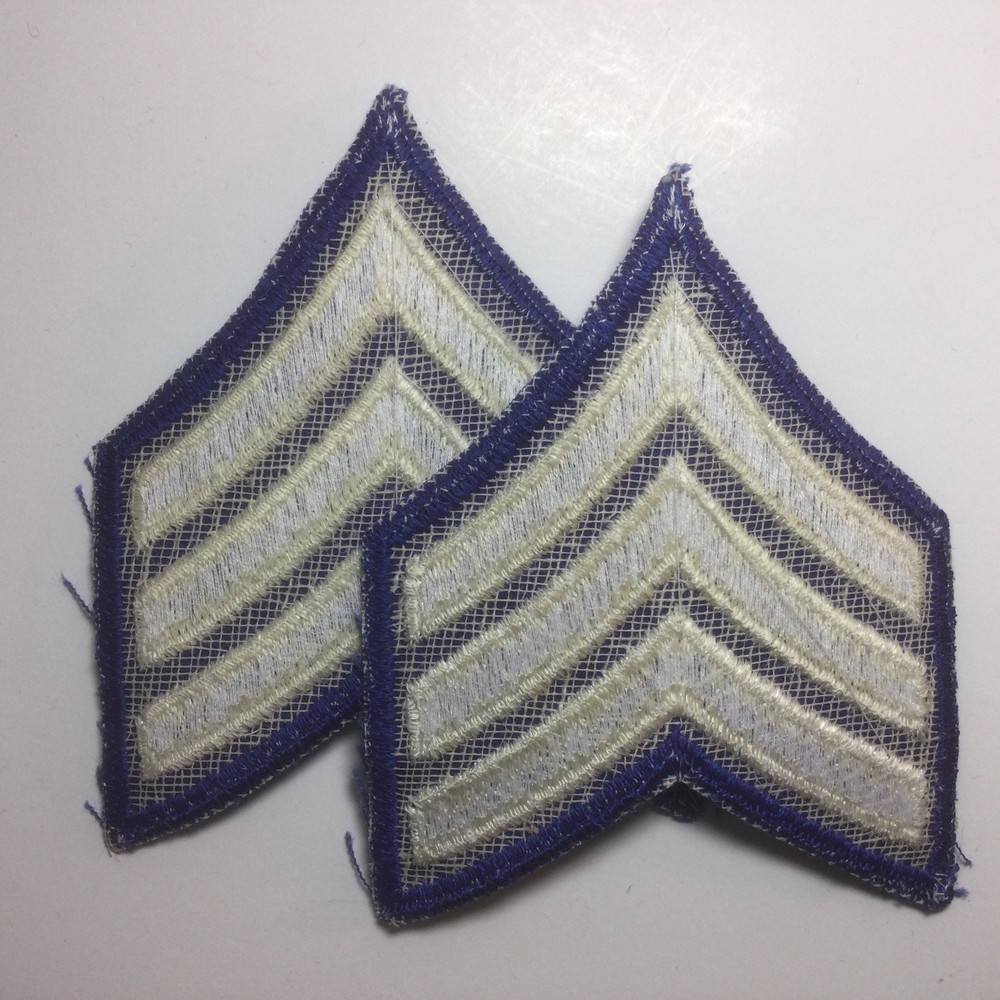 (2) Sergeant Chevron - 3 WHITE Stripes on ROYAL Blue Patch (Royal Border) Old