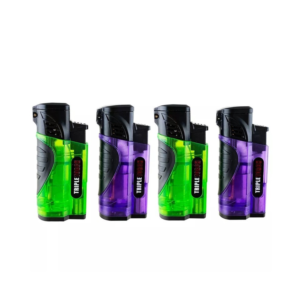 4 PACK Triple Clear Color Torch Lighter Adjustable Flame W/Cigar Puncher PR