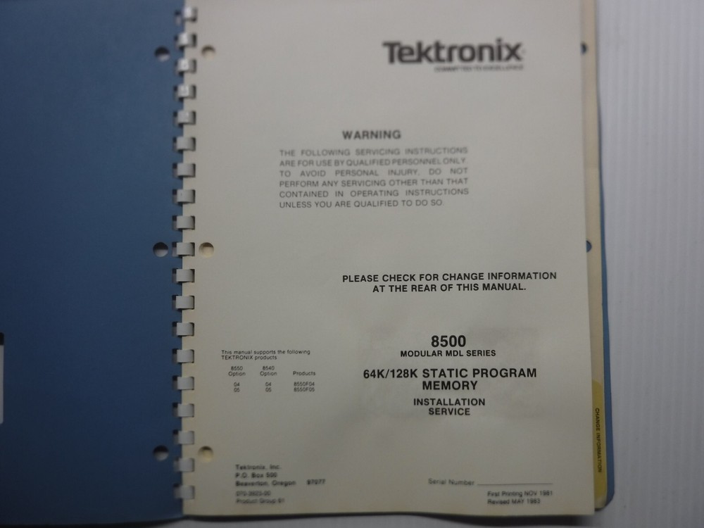 Tektronix 8500 Modular MDL Series 64K/128K Static Program Memory Manual
