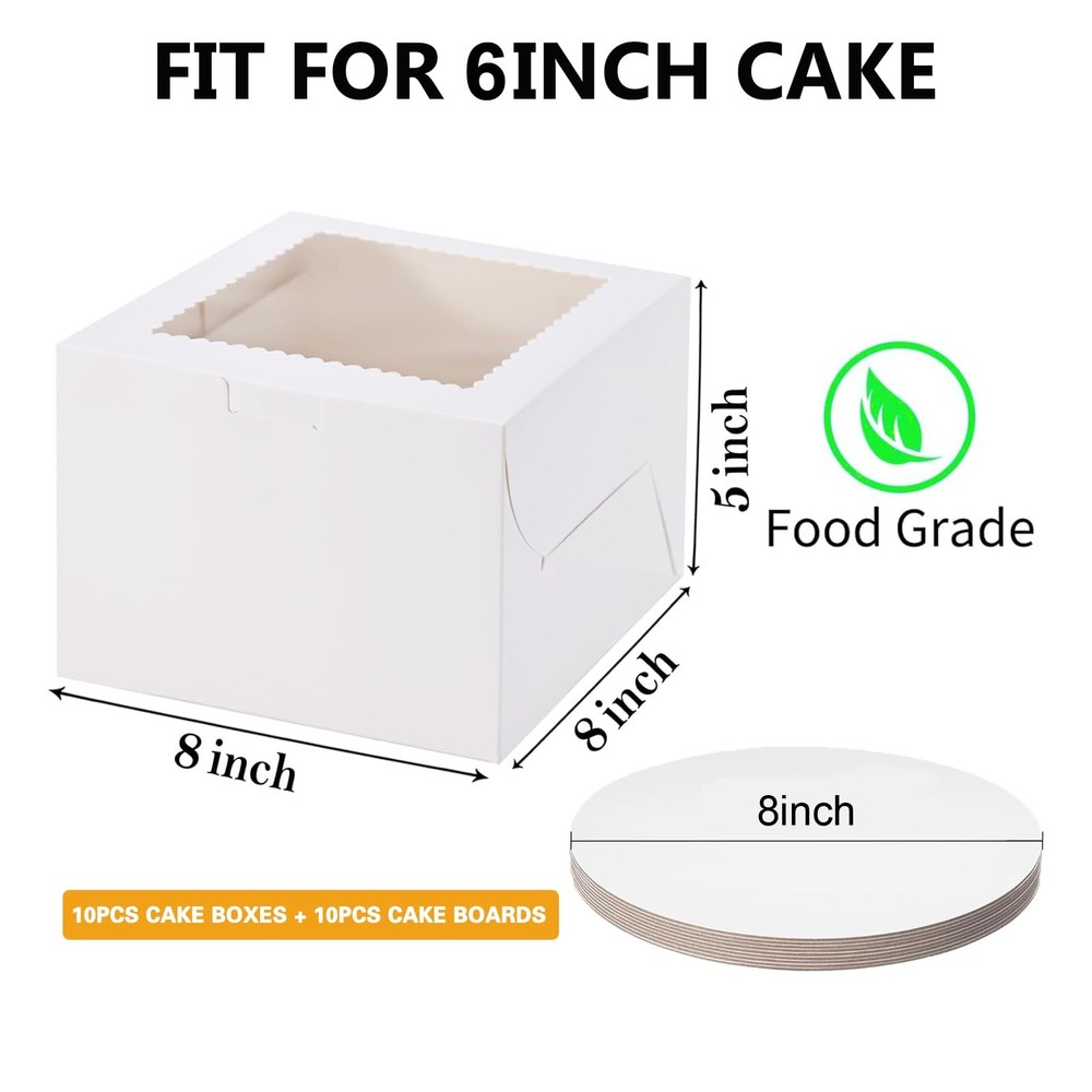 Cake Boxes 10Pack 8x8x5 with Window Boards White Elegant Container Cookie
