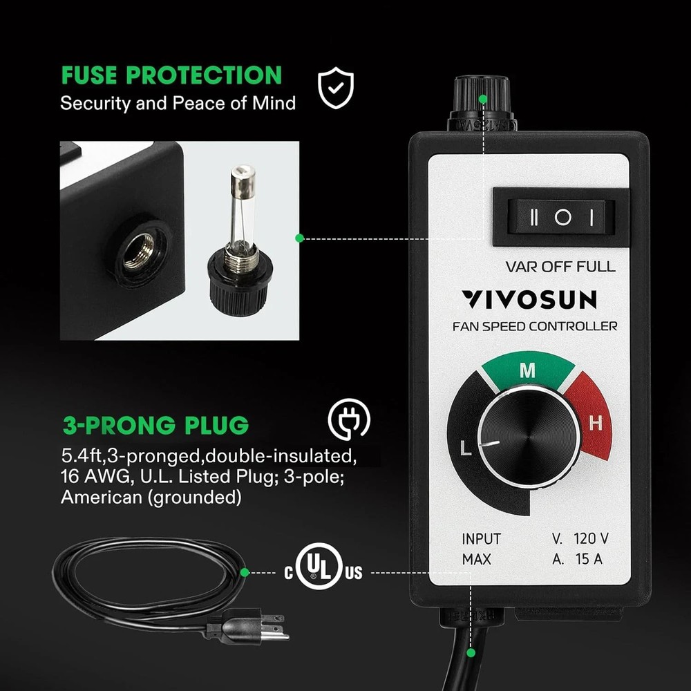 VIVOSUN Variable Fan Speed Controller AC 120V for Inline Duct Ventilation 1500W