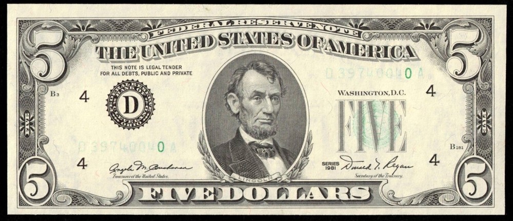 1981 $5 FRN INSUFFIENT "GREEN" INKING ERROR