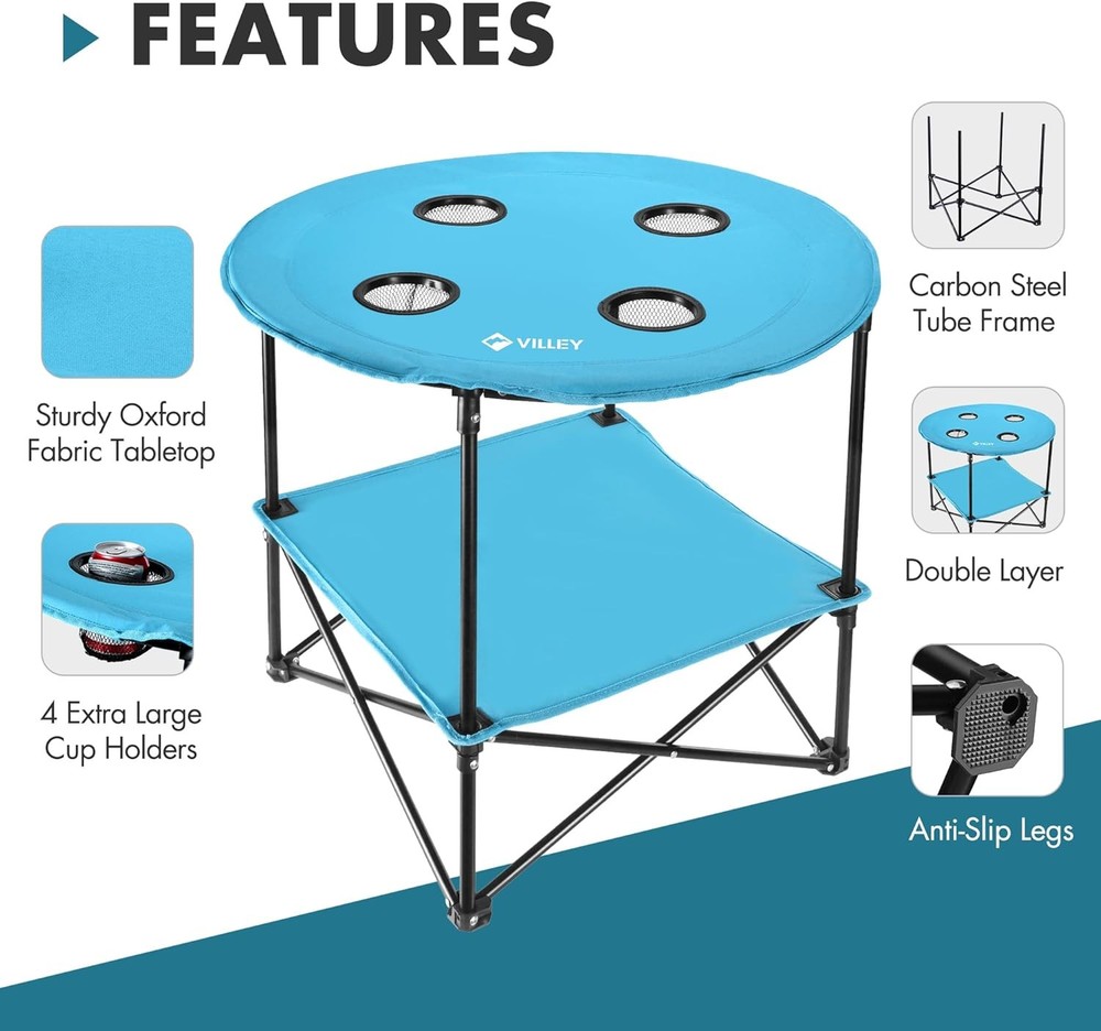 Folding Camping Table Lightweight Double-Layer Round Table W/ 4 Cup Holders &