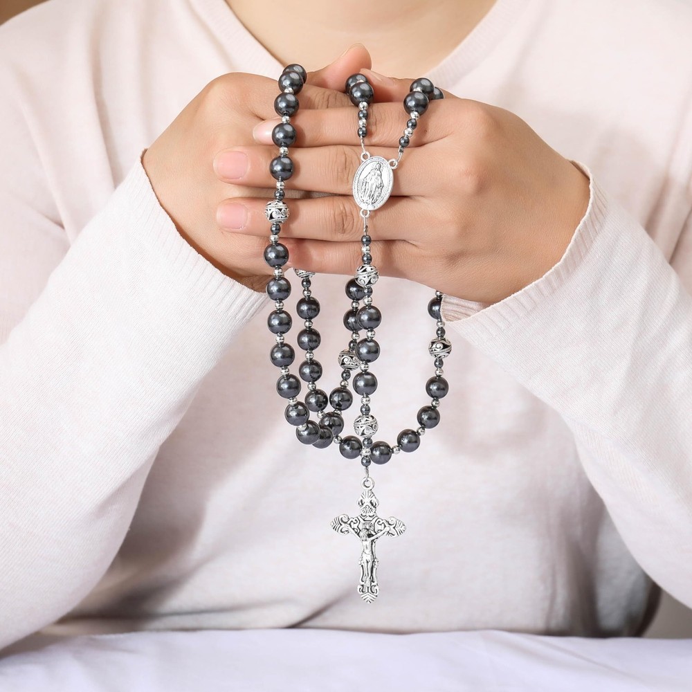 Hematite Rosary Black Stone Beads Metal Beaded Necklace Mary Miraculous Medal
