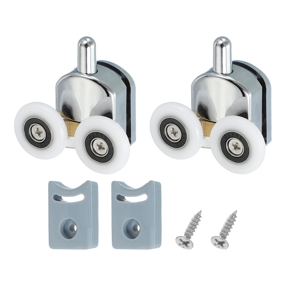 2Pcs 25mm Double Shower Door Rollers Copper Bottom Wheels Pulleys Guide Silver