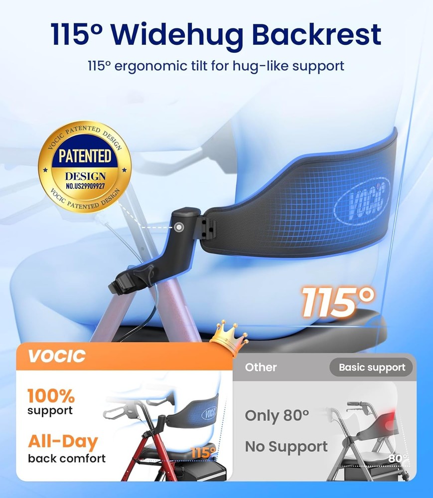 Foldable Rollator Walker Seat 350lb 8" Wheels Adjustable Backrest Support