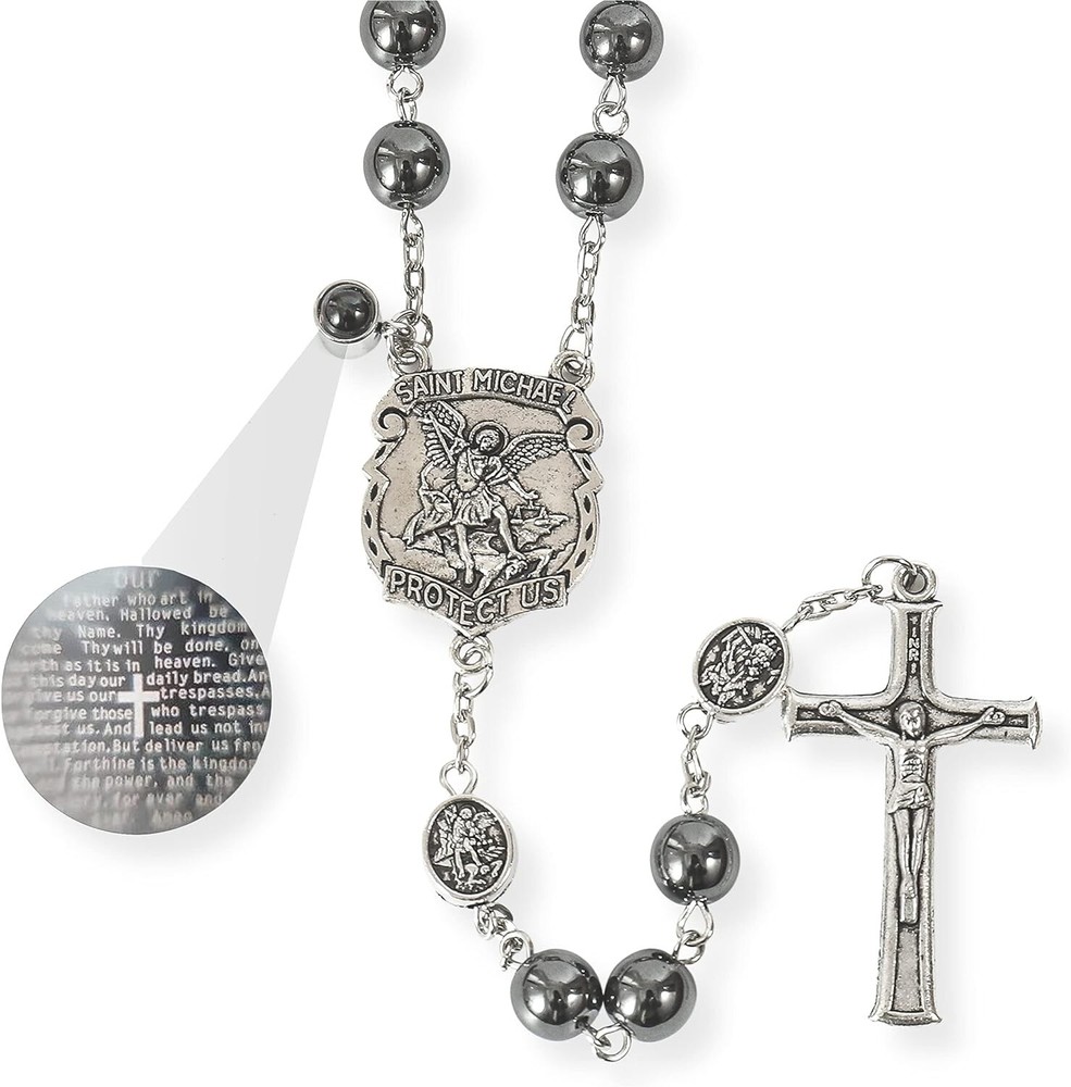 Hematite Black Stone Beads Rosary Necklace with St Michael Centerpiece, Crucifix
