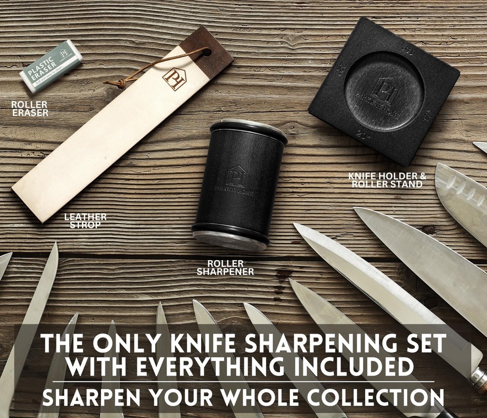 Black Roller Sharpener for Knives with Leather Strop - Knife Sharpener Kit wi...