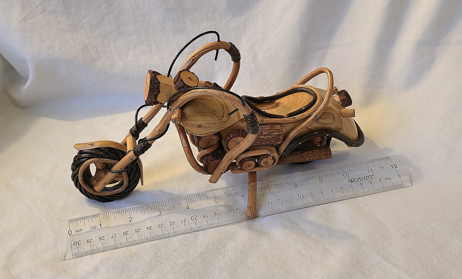 Handmade Twig Folk Art Chopper Motorcycle Sculpture Wood Rustic 12" Harley Style