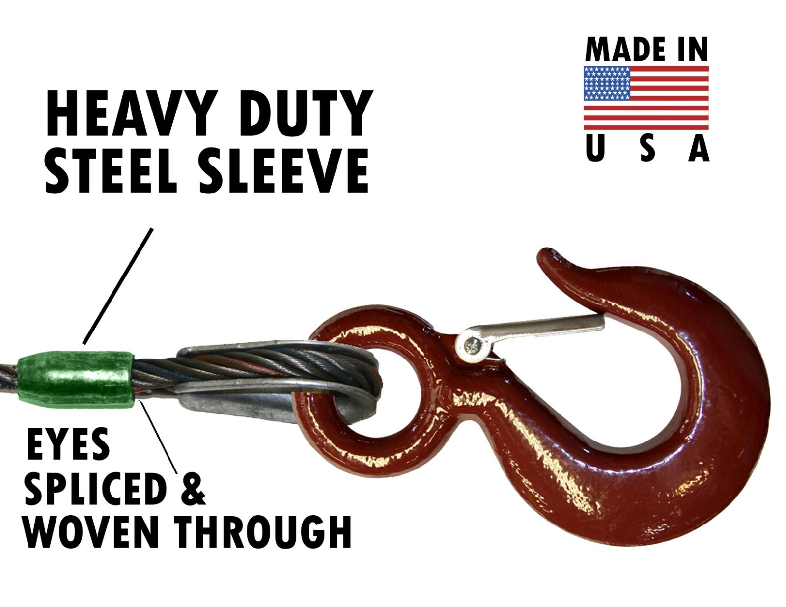 3/8" Tow Cable 150 FT Winch Line Fixed Hook with Latch USA Made Wrecker Tagged