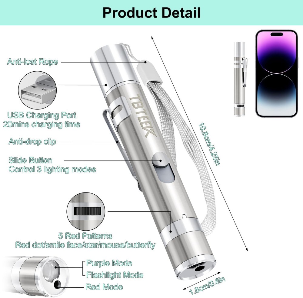Cat Toys, Rechargeable, 3 Light Modes & 5 Fun Patterns, Portable Interactive Kit