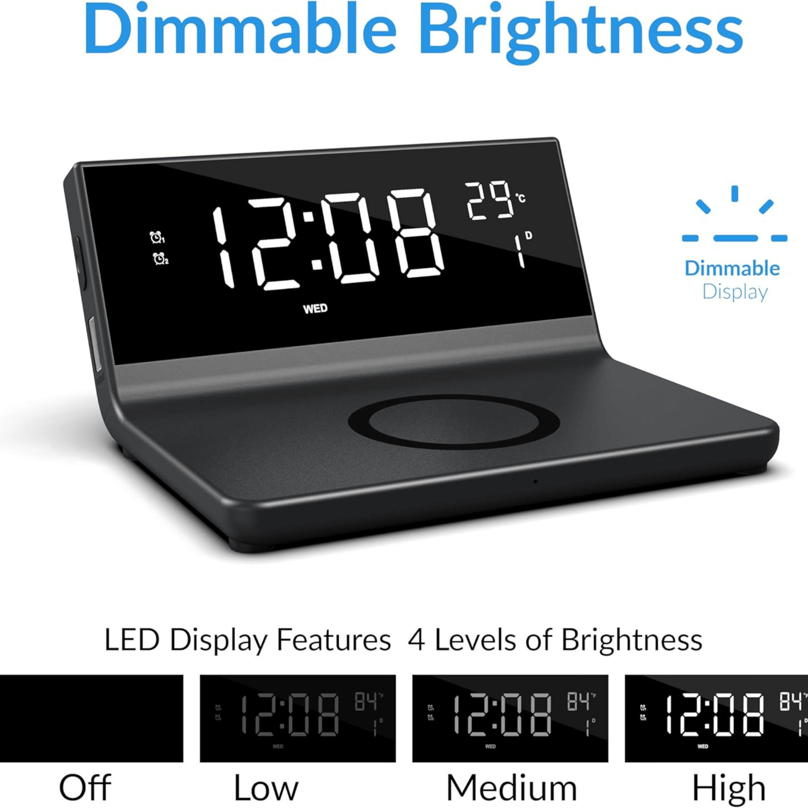Supersonic Dual Alarm Clock with 2-in-1 Wireless Charger w 4 Brightness Levels