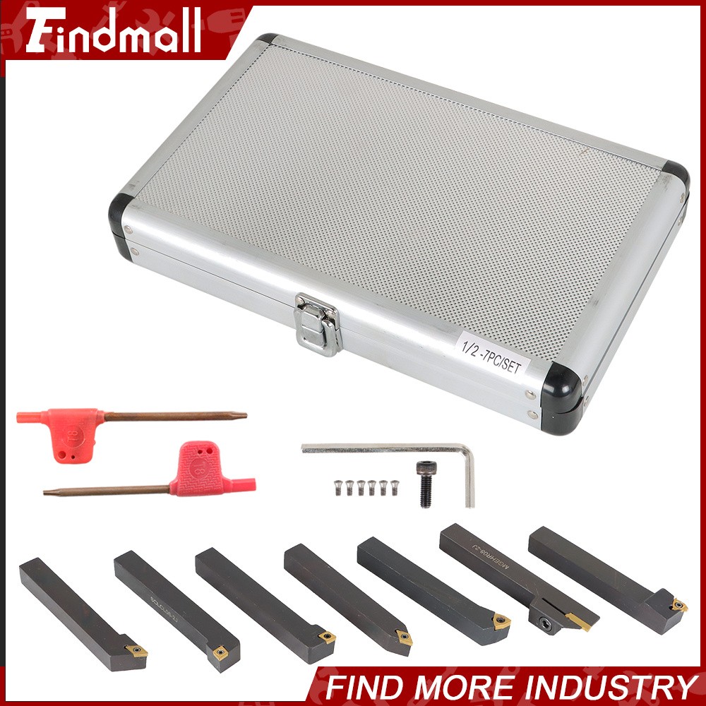 7Pcs 1/2" Lathe Tool Bit Thread Insert+Holder Set Carbide Indexable Turning Tool