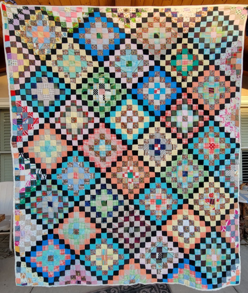 Vintage Handmade Scrap Quilt Large Diamond Patchwork Folk Art Bedspread