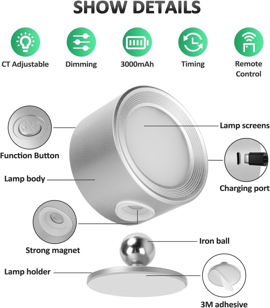 Rechargeable LED Wall Lights 2 Pcs Remote Control