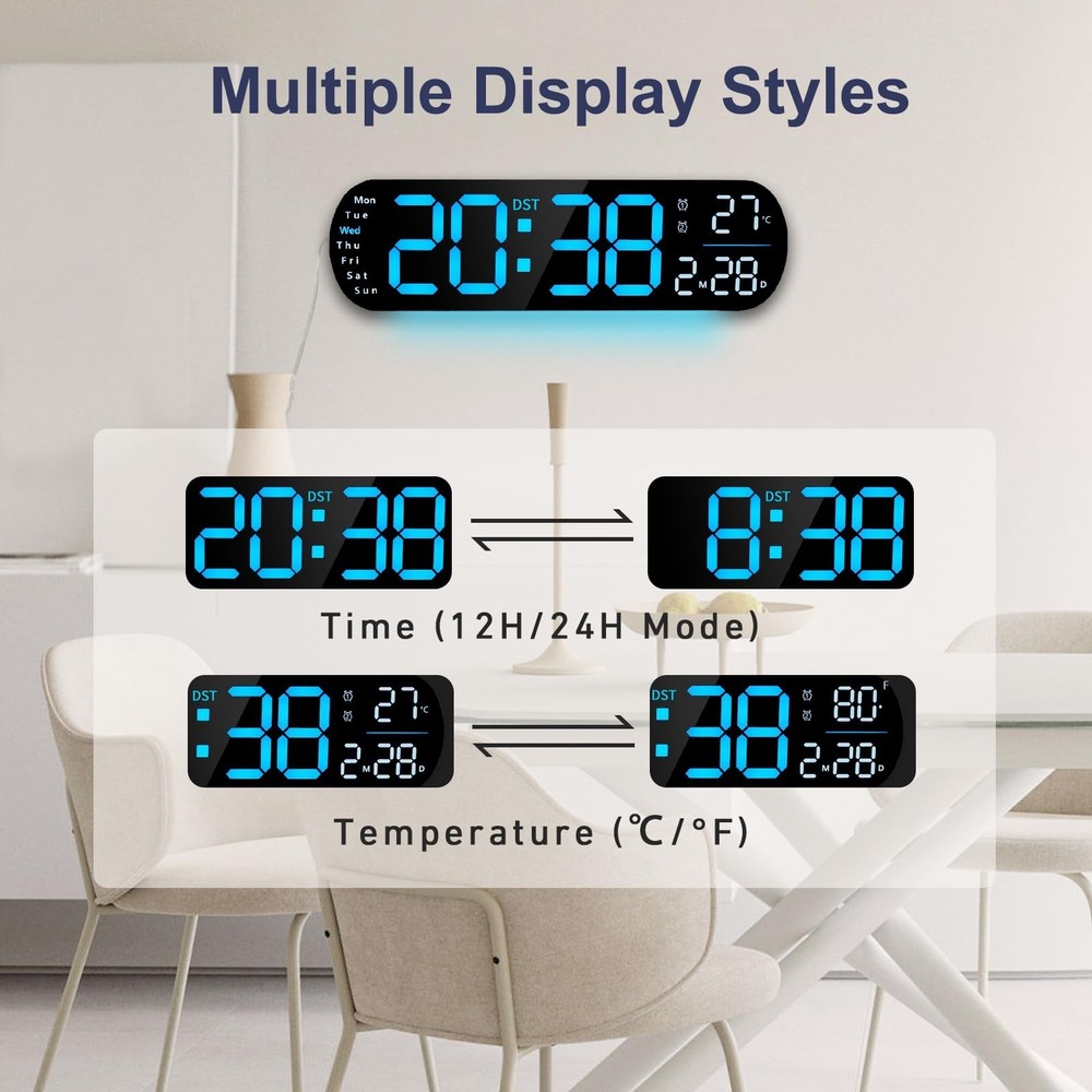 13.7" Digital Wall Clock Large Display with Remote Control, LED Large Digital...